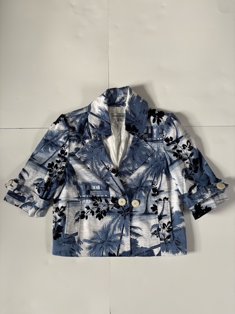 Andre Oliver Blue & White Tropical Print Cropped Blazer